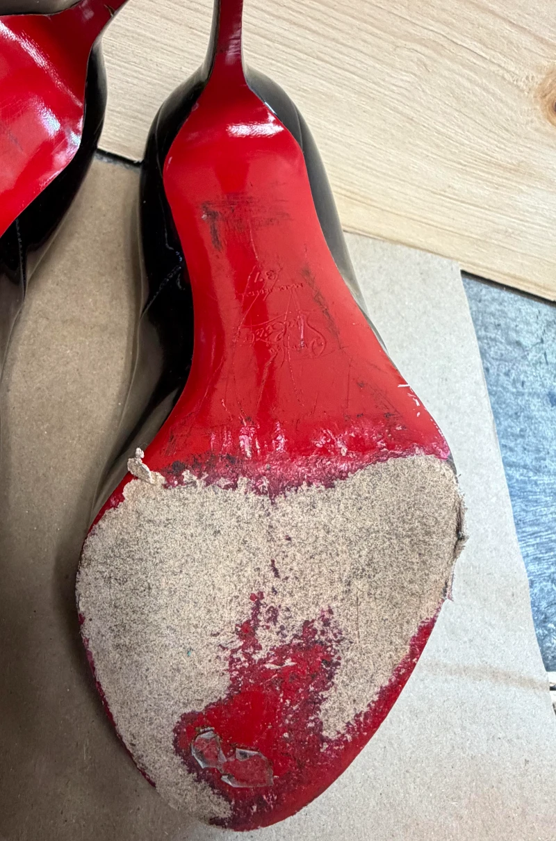 Christian Louboutin Very Prive damage before Red Sole Restoration in Aventura, Florida